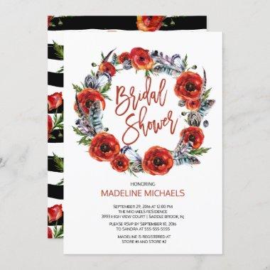 Boho Feathers Poppy Floral Fall Bridal Shower Invitations