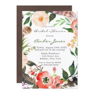 Boho Feathers Red Poppy Bridal Shower Invitations