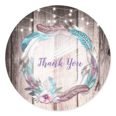 Boho Feathers Wreath & String Lights Bridal Shower Classic Round Sticker