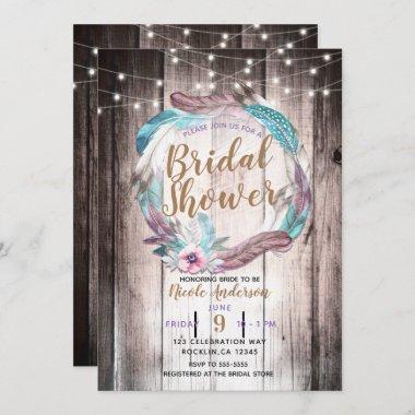 Boho Feathers Wreath & String Lights Bridal Shower Invitations