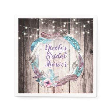 Boho Feathers Wreath & String Lights Bridal Shower Napkins