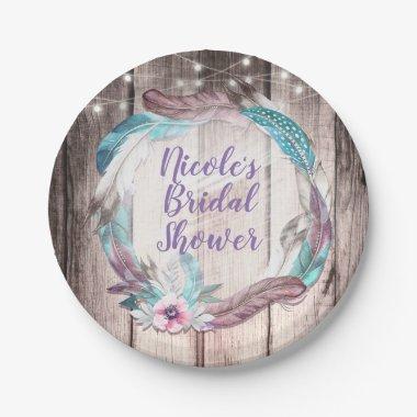 Boho Feathers Wreath & String Lights Bridal Shower Paper Plates