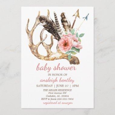 Boho Floral and Antler Baby Shower Invitations