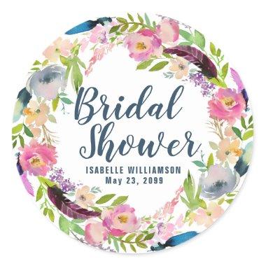 Boho Floral and Feather Bridal Shower Classic Round Sticker