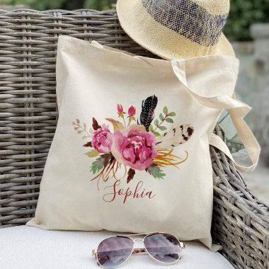 Boho floral and feather Bridesmaid Personalized Tote Bag