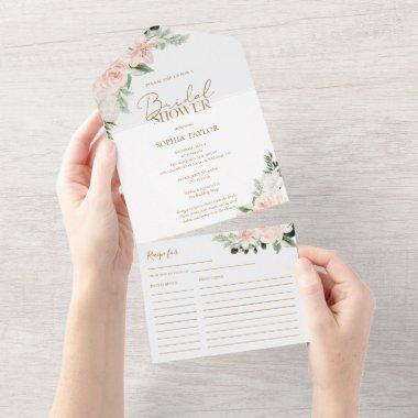 Boho Floral Blush Pink Sage Green Bridal Shower All In One Invitations