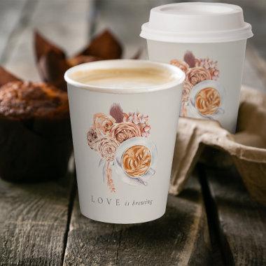 Boho Floral Coffee "Love is Brewing" Bridal Shower Paper Cups