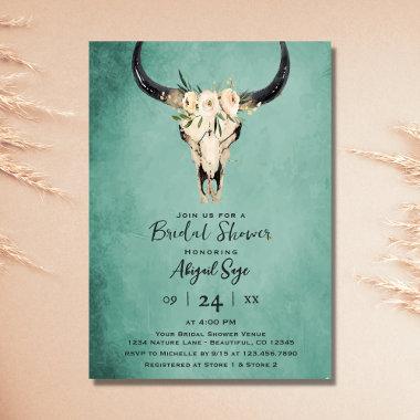 Boho Floral Cow Skull on Turquoise Bridal Shower Invitations