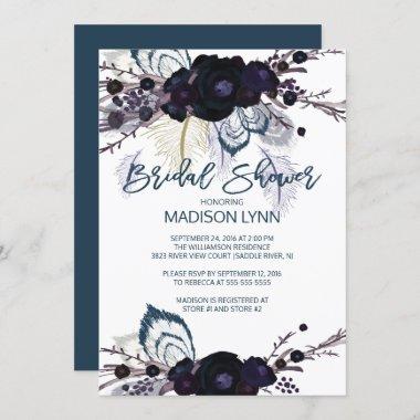 Boho Floral Feather Bridal Shower Invitations