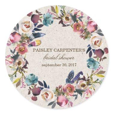 Boho Floral Feather Rustic Shower Sticker, Favor Classic Round Sticker