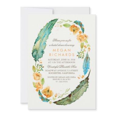 Boho Floral Feathers Vintage Bridal Shower Invitations