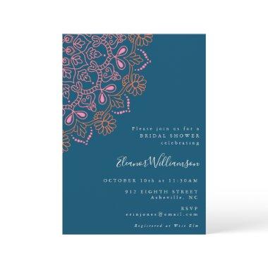 Boho Floral Mandala Teal Blue Bridal Shower Invitations