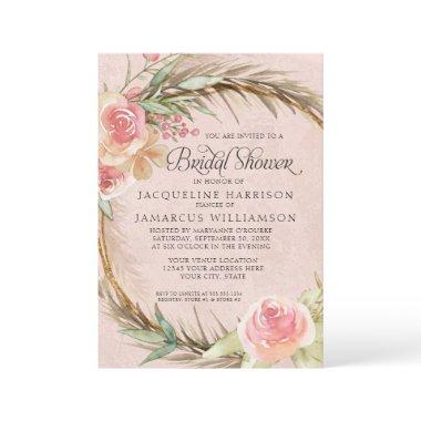 BOHO Floral Pampas Pink Watercolor Wreath Invitations