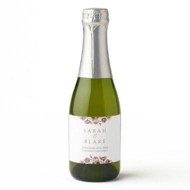 Boho Floral Pink Rose Wedding Mini Sparkling Wine Label