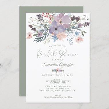 Boho Floral Sage Green Violet Blush Bridal Shower Invitations