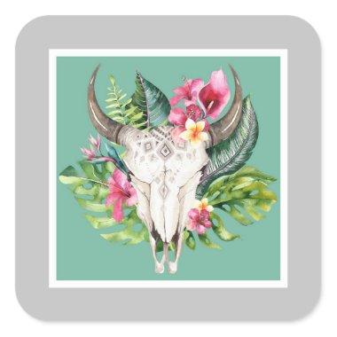 Boho Floral Skull Teal & Chic Grey Birthday Party Square Sticker