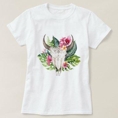 Boho Floral Skull Teal Tropical Island Paradise T-Shirt