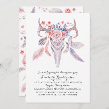 Boho Floral Watercolor Skull Bridal Shower Invitations