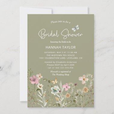Boho Floral Wildflower Sage Green Bridal Shower Invitations