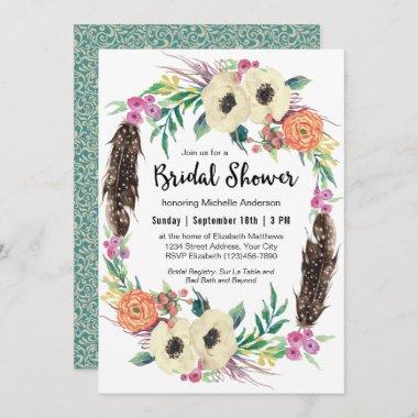 Boho Floral Wreath Bridal Shower Invitations