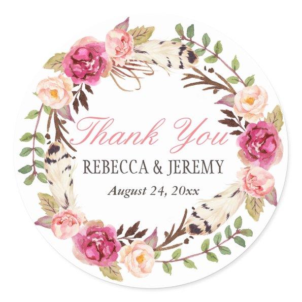 Boho Floral Wreath Thank You Wedding Favor Classic Round Sticker