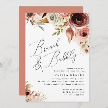 Boho Flowers Brunch & Bubbly Earthy Bridal Shower Invitations