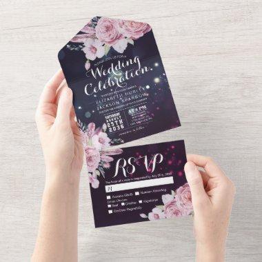 Boho Flowers Feathers Purple Sparkle Wedding RSVP All In One Invitations