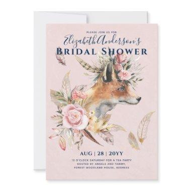 Boho FOX Bridal Shower Woodland Feathers Floral Invitations