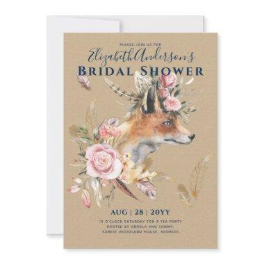 Boho FOX Bridal Shower Woodland Feathers Floral Invitations