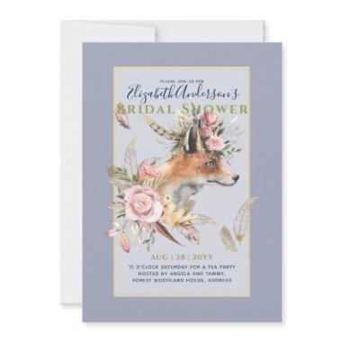 Boho FOX Bridal Shower Woodland Feathers Floral Invitations