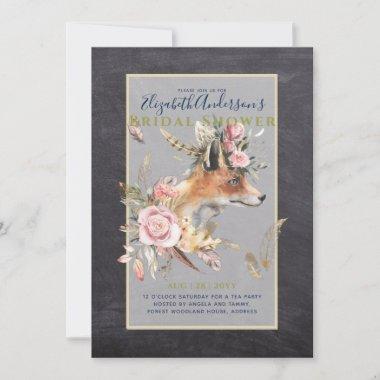 Boho FOX Bridal Shower Woodland Feathers Floral Invitations