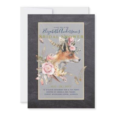 Boho FOX Bridal Shower Woodland Feathers Floral Invitations