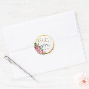 Boho Gold Pink Watercolor Floral Bridal Shower Classic Round Sticker
