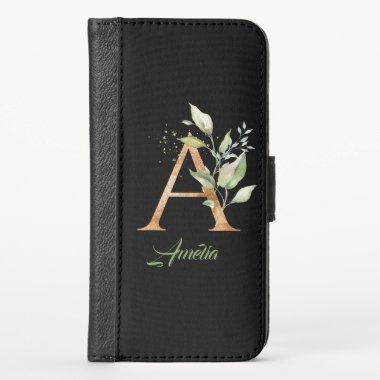 Boho greenery and gold foliage A monogram iPhone X Wallet Case