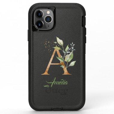 Boho greenery and gold foliage A monogram OtterBox Defender iPhone 11 Pro Max Case