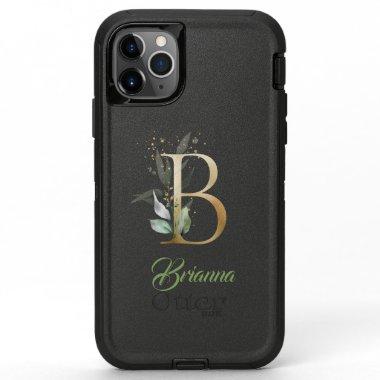 Boho greenery and gold foliage B monogram OtterBox Defender iPhone 11 Pro Max Case