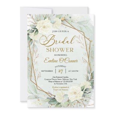 Boho greenery and white flowers faux gold frame Invitations