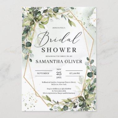 Boho greenery foliage gold frame Bridal Shower Invitations