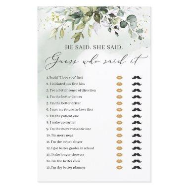 Boho greenery foliage he said she said bridal game