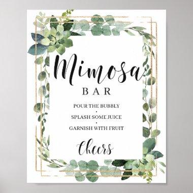 Boho greenery leaves succulent gold mimosa bar poster