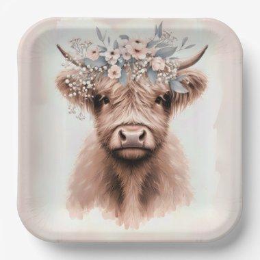 Boho Highland Cow With Bridal Floral Crown Paper Plates