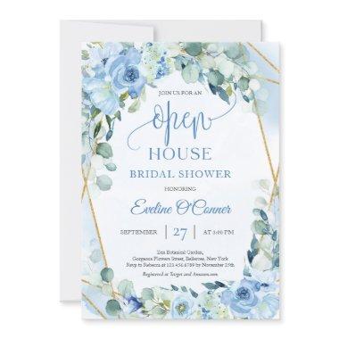 Boho Ice blue floral eucalyptus & gold Open House Invitations