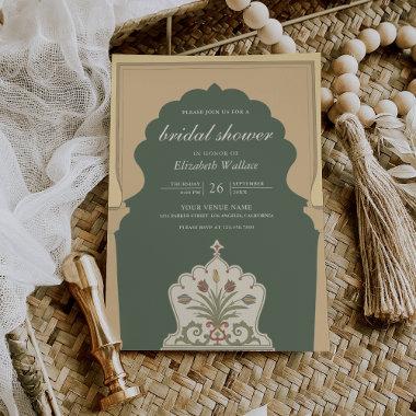 Boho Indian Ivory Arch Sage Green Bridal Shower Invitations