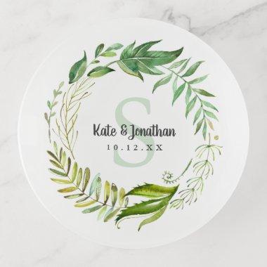 Boho Leaves Wedding Monogram and Date Trinket Tray