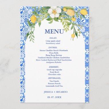 Boho Lemon Blue Mediterranean tile Italian Wedding Menu