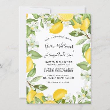 Boho Lemons Watercolor White Floral Wedding Invitations