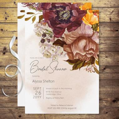 Boho Marsala Clay & Yellow Bouquet Bridal Shower Invitations