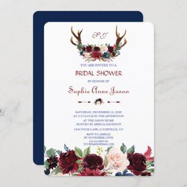 Boho Merlot Navy Blue Floral Antlers Bridal Shower Invitations