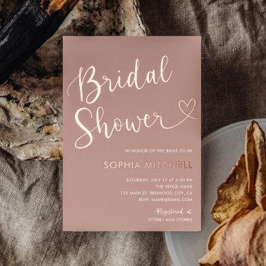 Boho Minimal Heart Script Terracotta Bridal Shower Foil Invitations