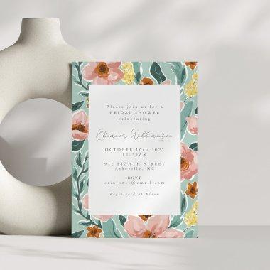 Boho Mint Sage Green Painted Floral Bridal Shower Invitations